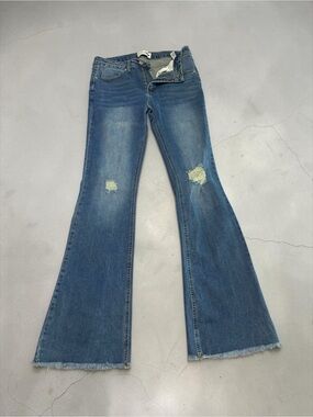 Fashion Nova Medium Blue Distressed Flare Jeans